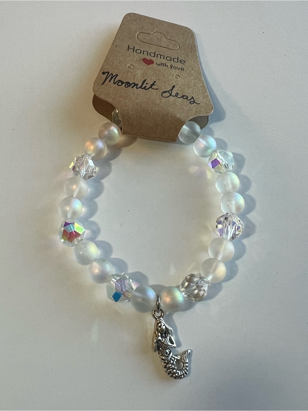 Iridescent Beaded Bracelet with Mermaid Charm / Coastal / Beachy handcrafted